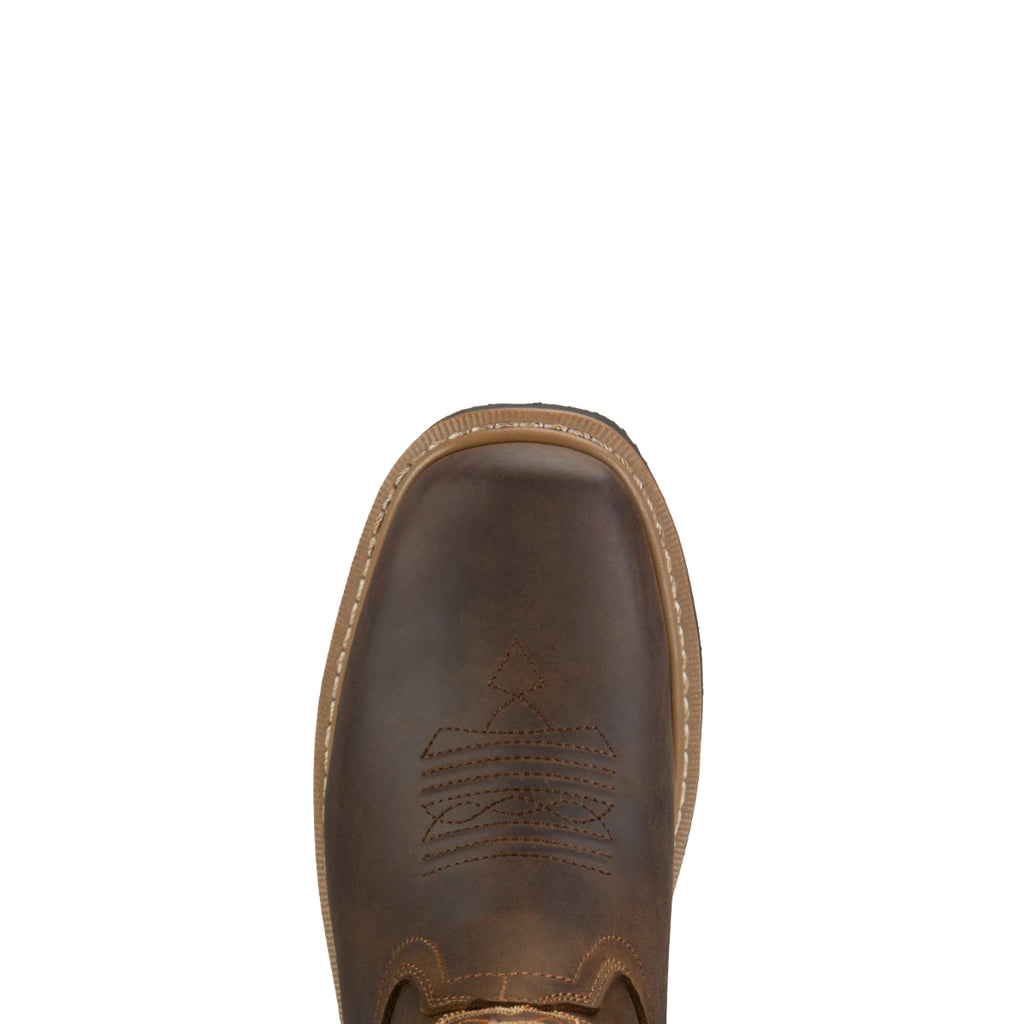 Bottom view of brown Western work boot