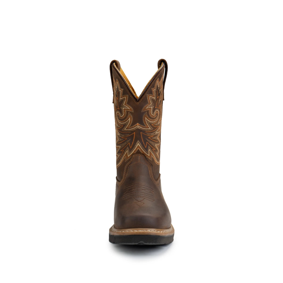 Front view of brown embroidered Western work boot