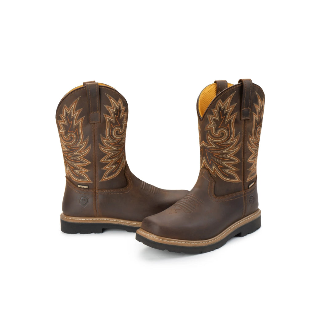 Pair of brown embroidered pull-on Western work boots