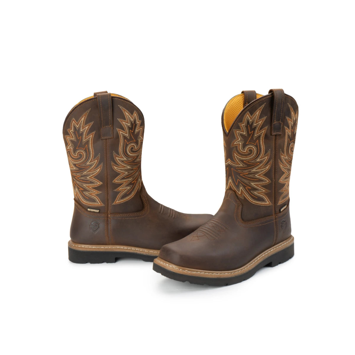 Pair of brown embroidered pull-on Western work boots