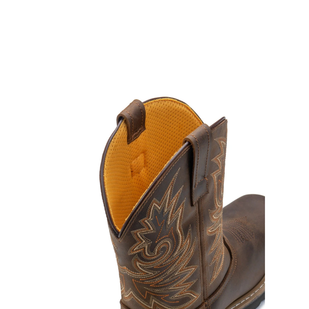 Close-up of embroidered shaft and pull tabs on brown Western boot