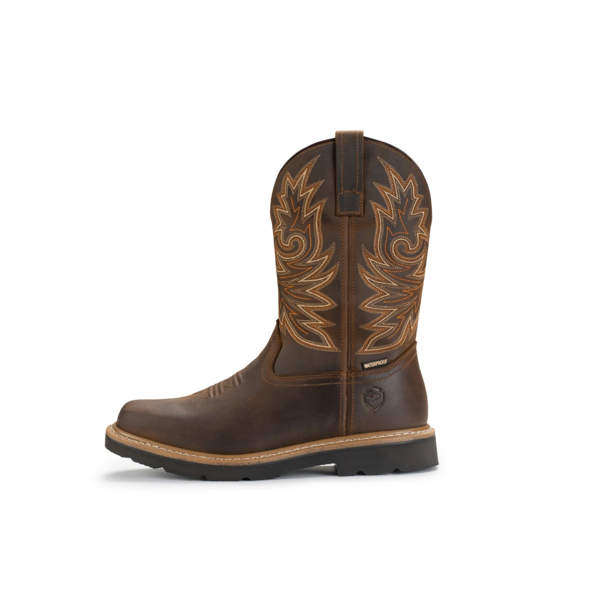 Brown embroidered Western work boot, side profile