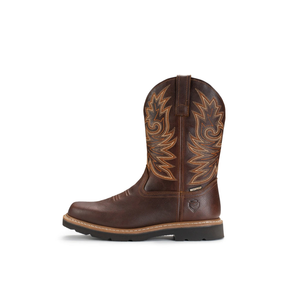 Side view of brown 10-inch Western work boot