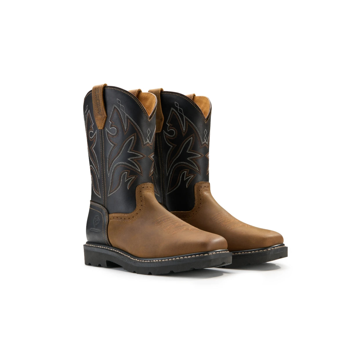 Pair of SUREWAY 1005 brown and black Western boots, three-quarter view