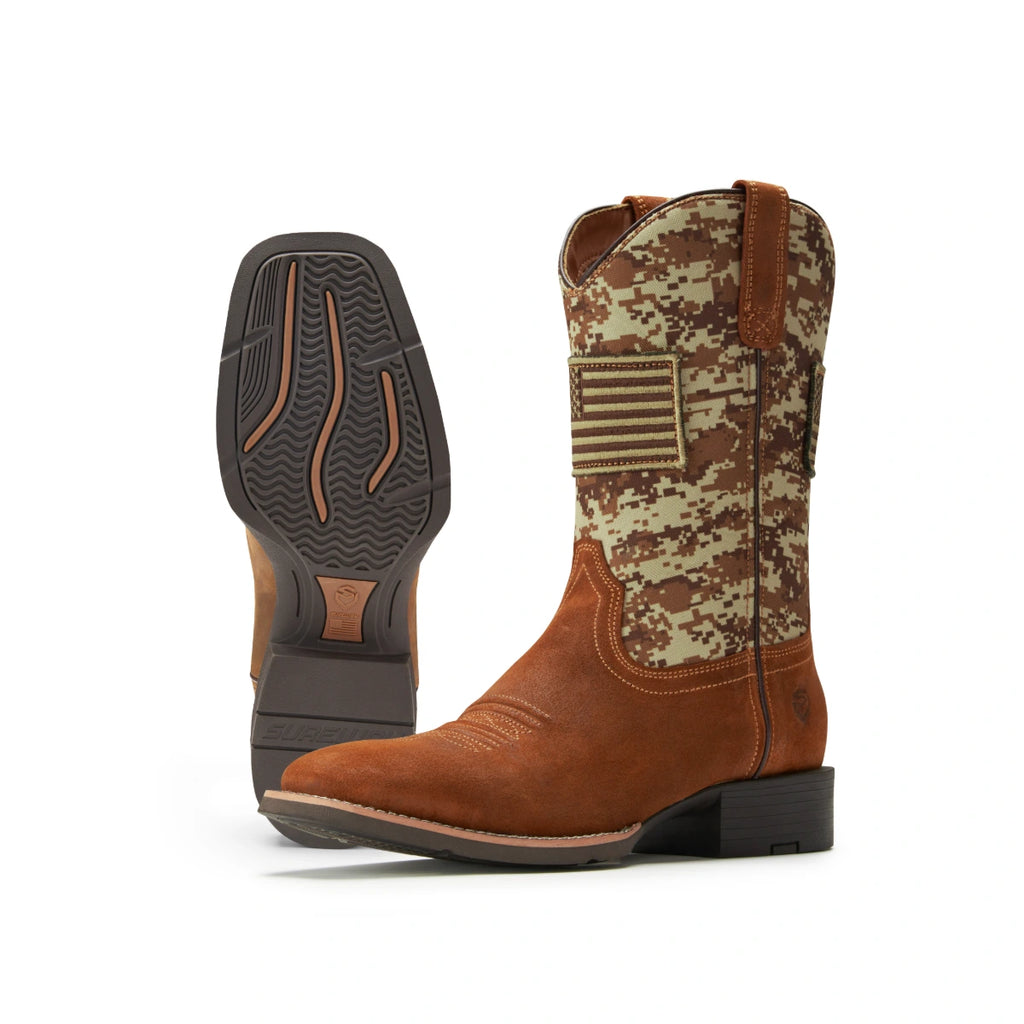 Pair of SUREWAY 1006 brown pattern Western boots with one outsole visible