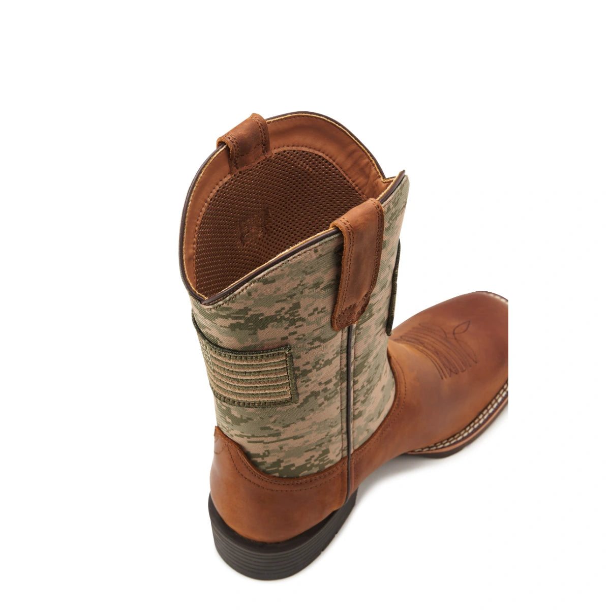 Angled view of the SUREWAY 1006 mocha pattern boot opening and pull tabs