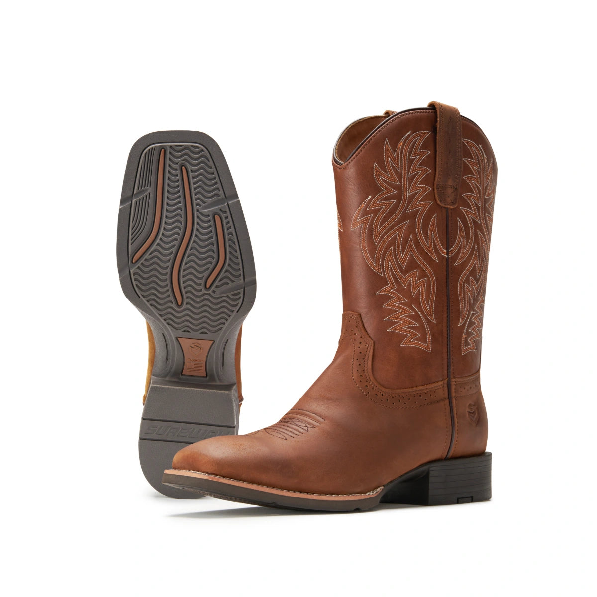 SUREWAY 1009 brown Western boot beside its rubber outsole