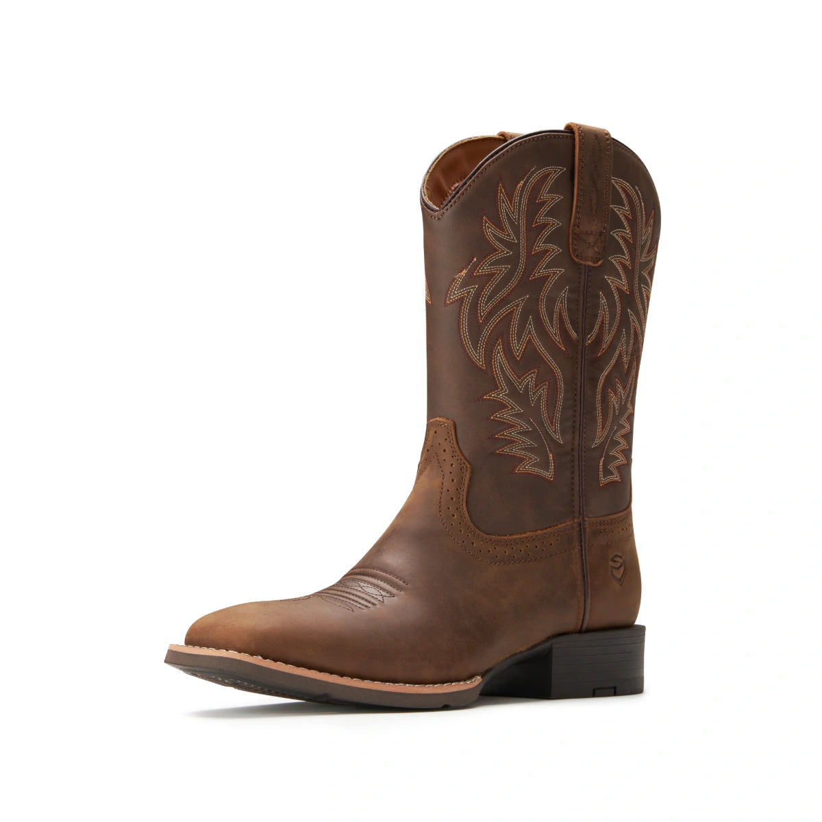SUREWAY 1009 Crazy Horse brown 10-inch soft toe Western boot, three-quarter side view with embroidered shaft.