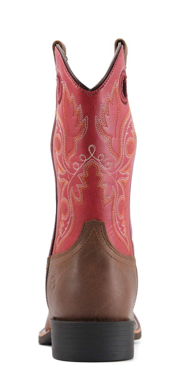 Back view of brown Western boot with red shaft
