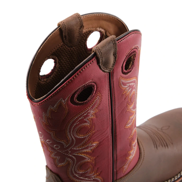 Close-up of red embroidered shaft and pull holes