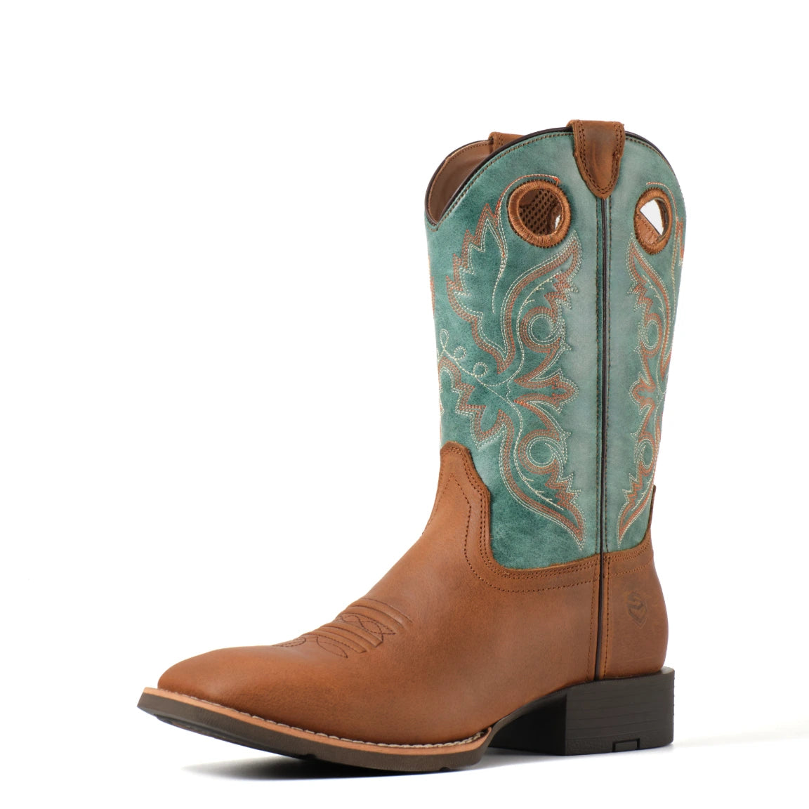 Tan Western boot with turquoise embroidered shaft