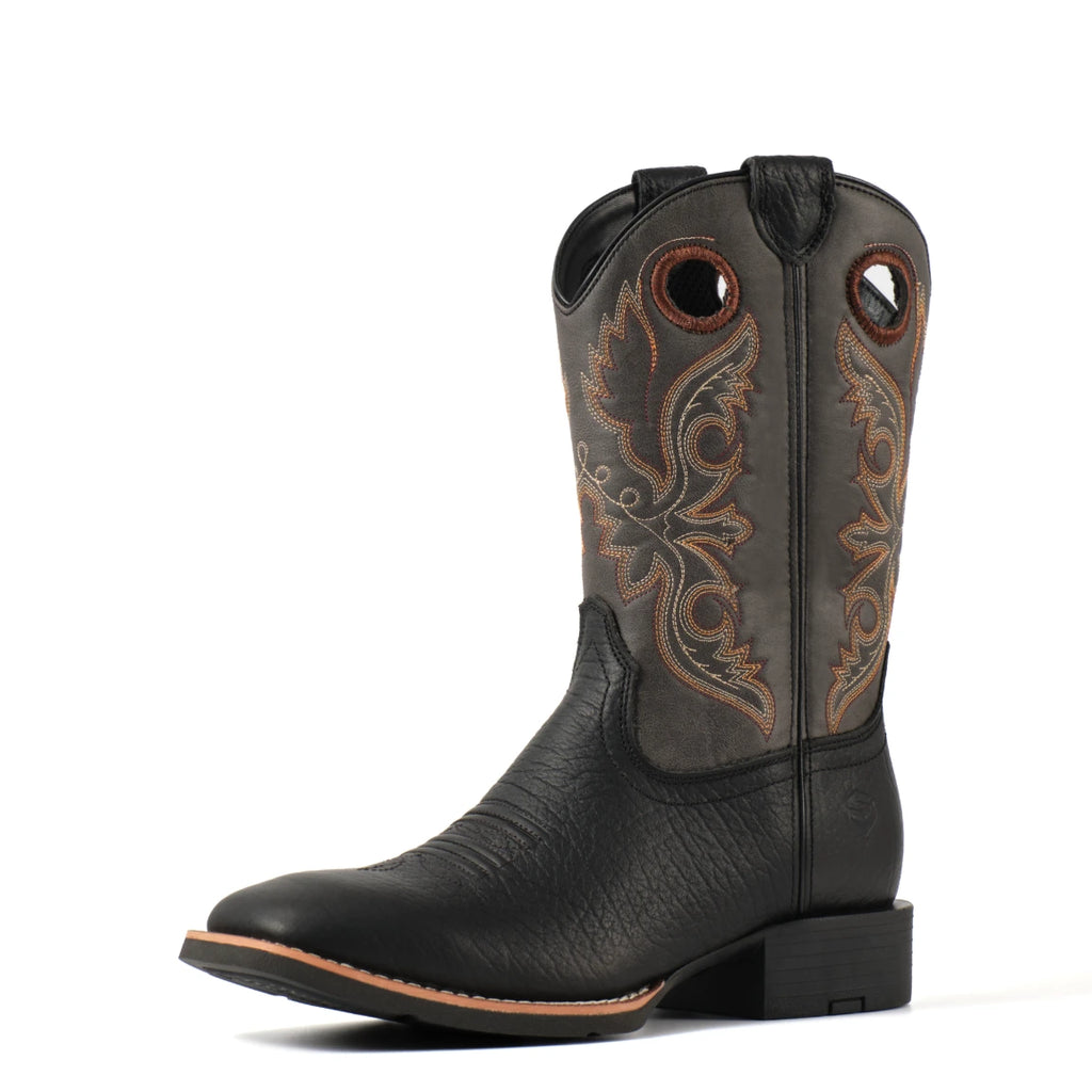 Black Western boot with embroidered shaft, side view
