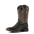 Black Western boot with embroidered shaft, side view