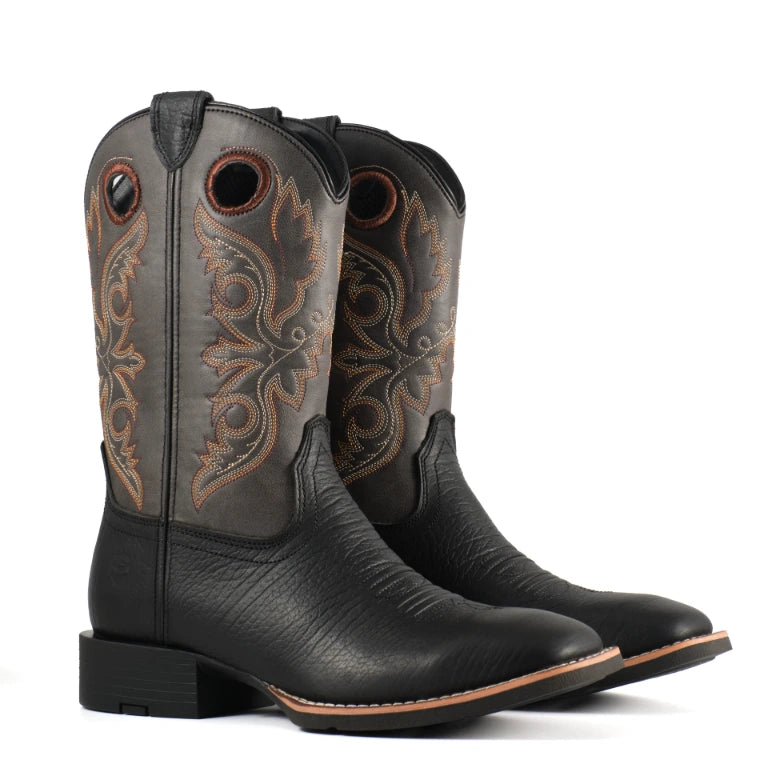 Pair of black Western boots, angled side view