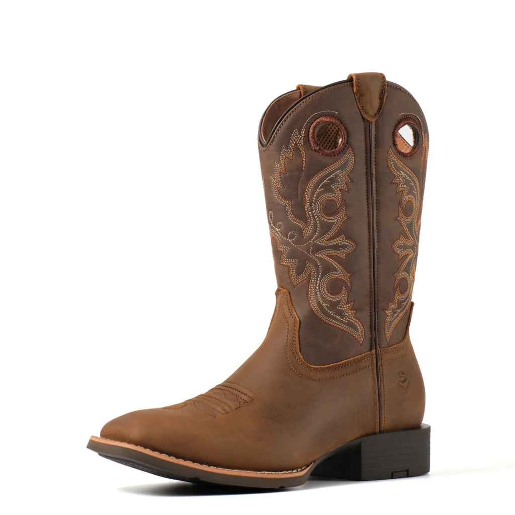 Brown Western boot with dark brown embroidered shaft