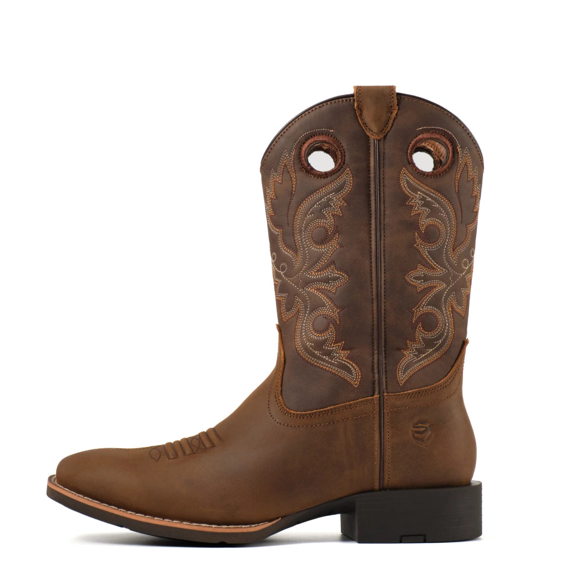 Brown Western boot with embroidered shaft, side view