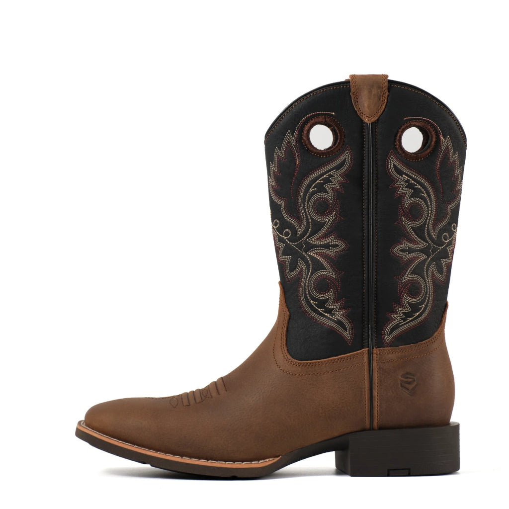 Brown Western boot with dark shaft, side view