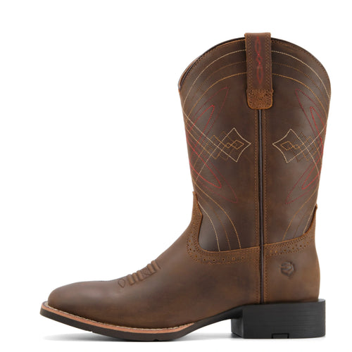 SUREWAY 1013 distressed brown leather Western boot, side view showing the stacked heel.