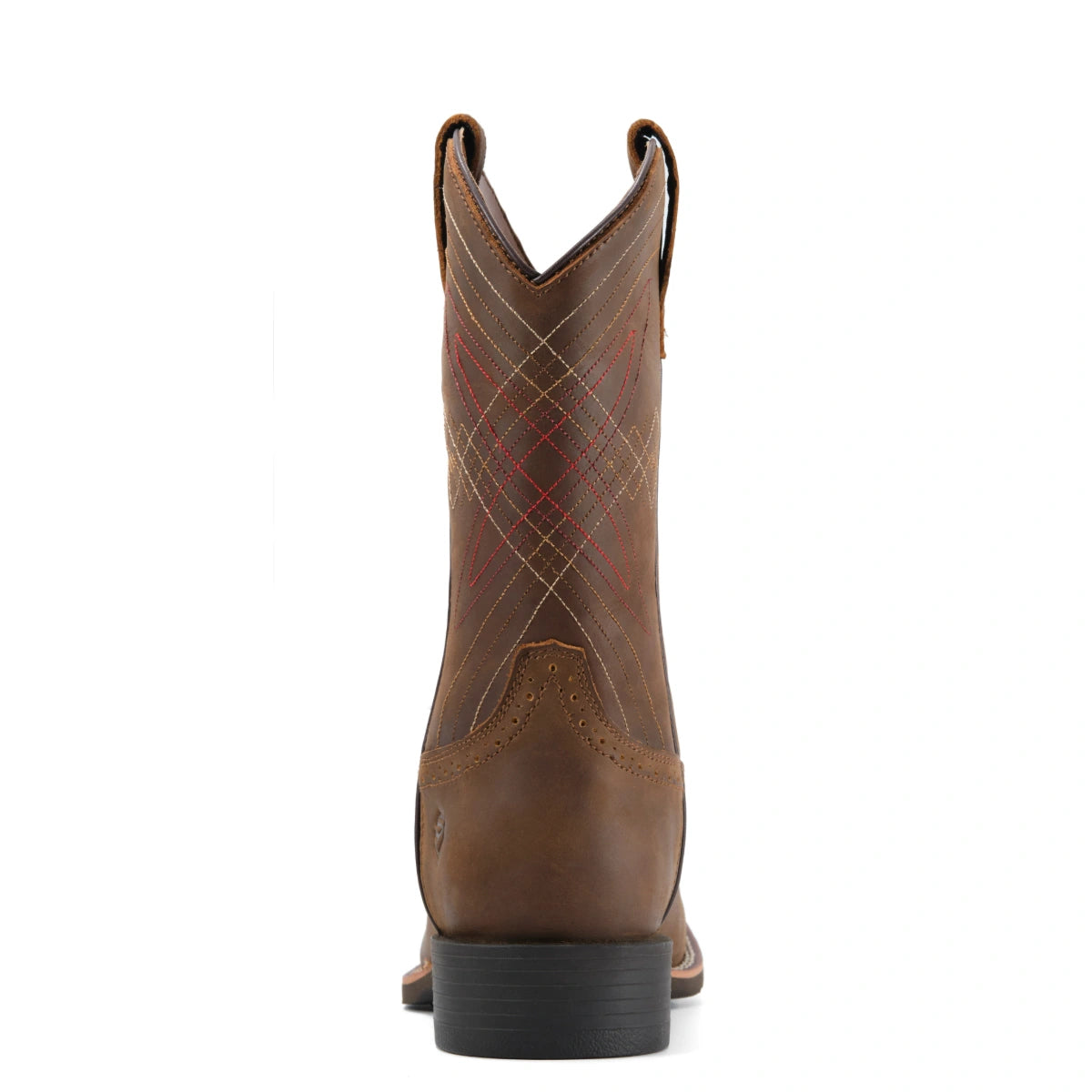 SUREWAY 1013 distressed brown leather Western boot, rear view showing shaft stitching and heel.