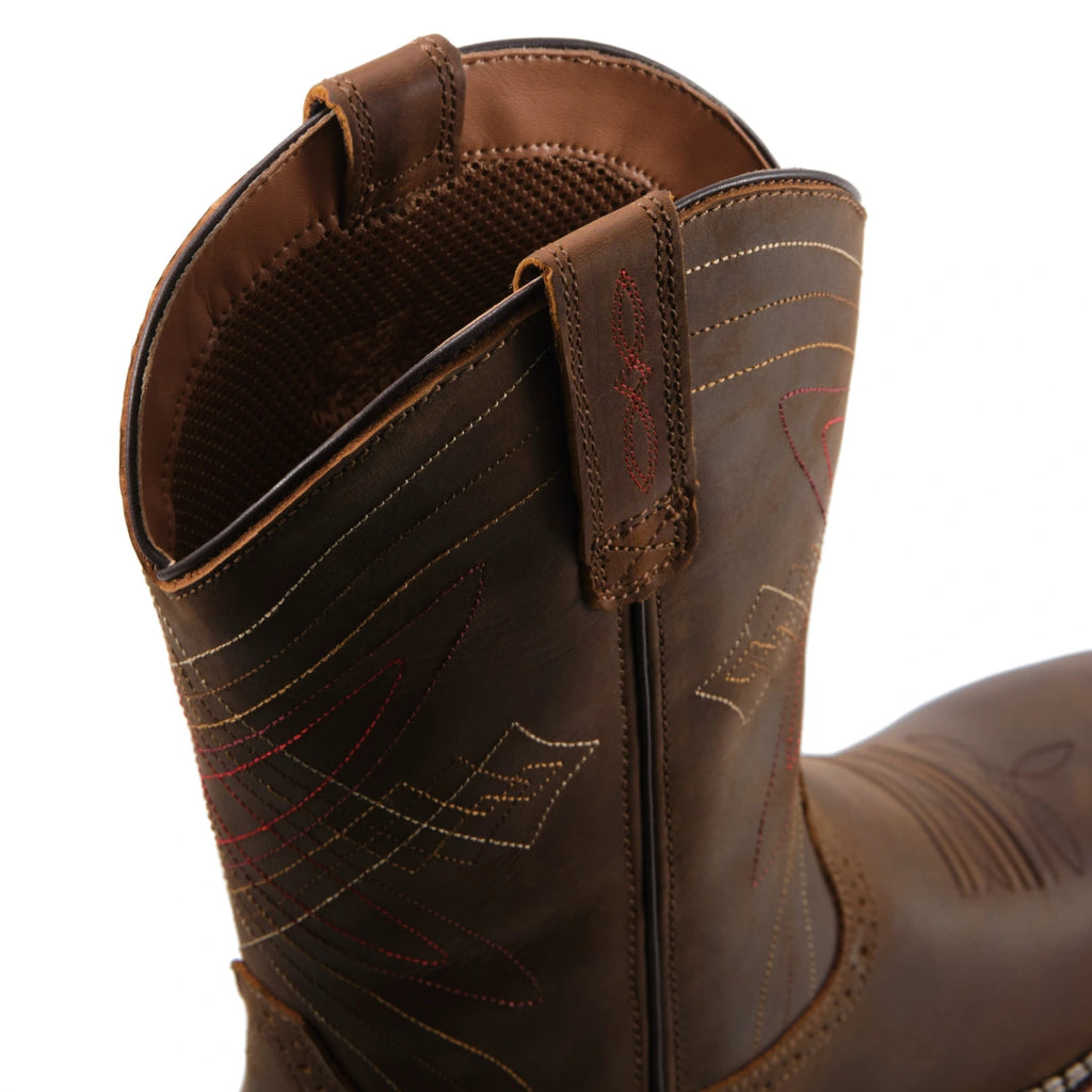 Close-up of the SUREWAY 1013 distressed brown leather Western boot showing the shaft opening and pull tab.