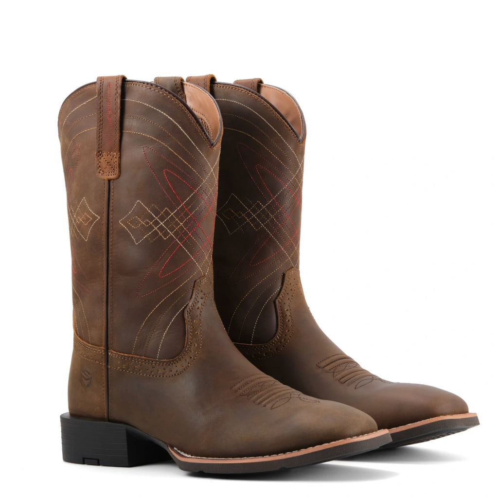 Pair of SUREWAY 1013 distressed brown leather Western boots, three-quarter view showing decorative stitching.