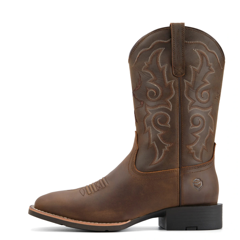 SUREWAY 1015 men's brown Western boot, side view showing the stacked heel.