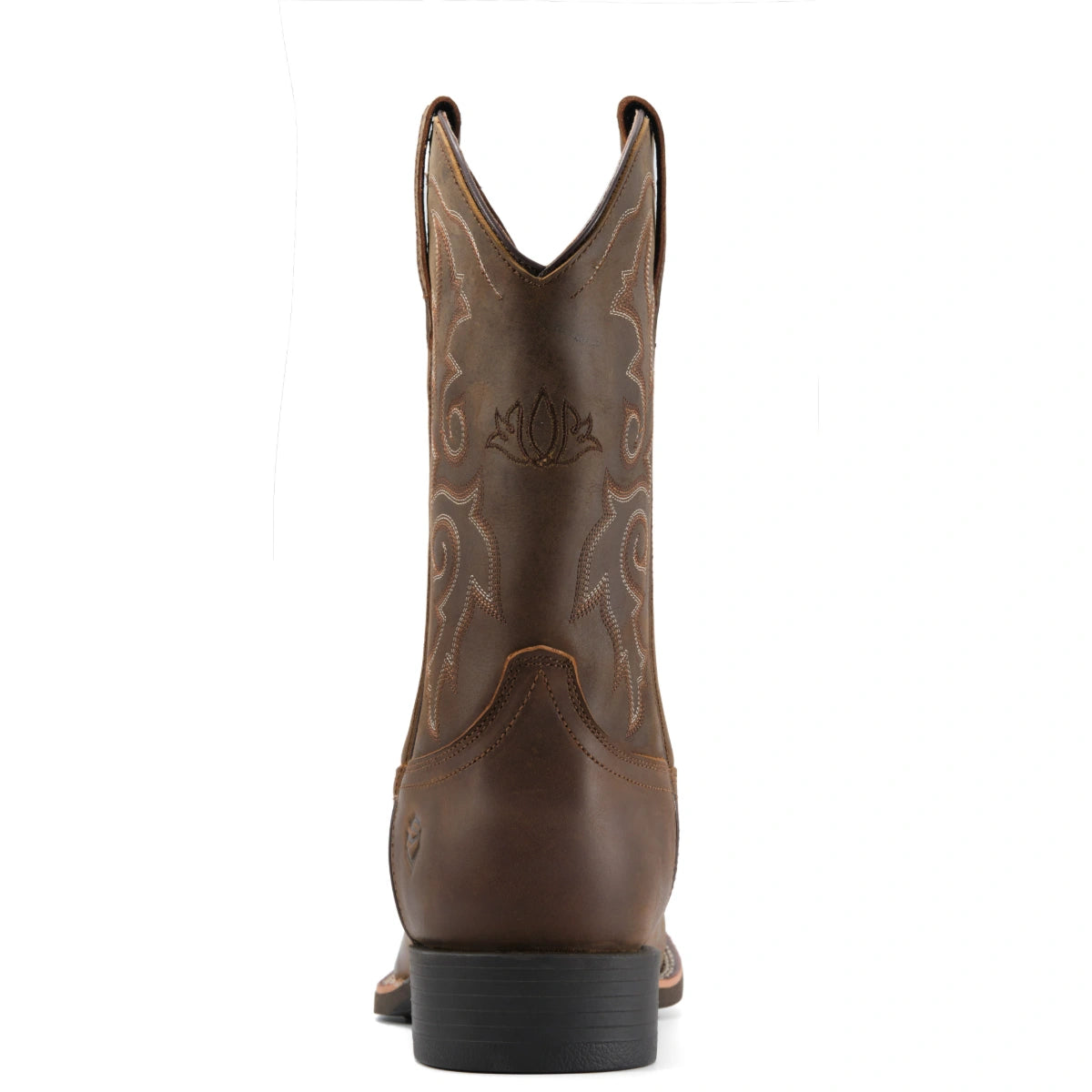 SUREWAY 1015 men's brown Western boot, rear view showing shaft stitching and heel.