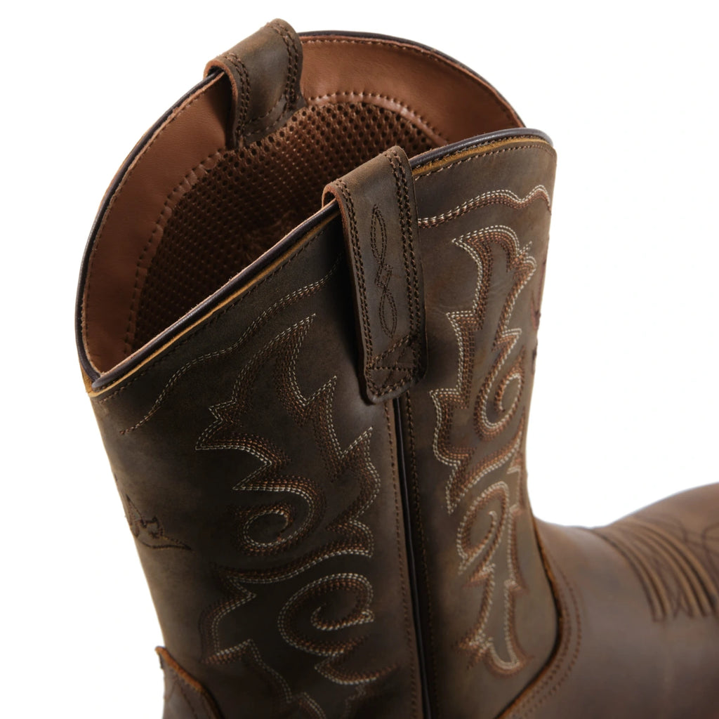 Close-up of the SUREWAY 1015 brown Western boot showing the shaft opening, pull tab, and decorative stitching.