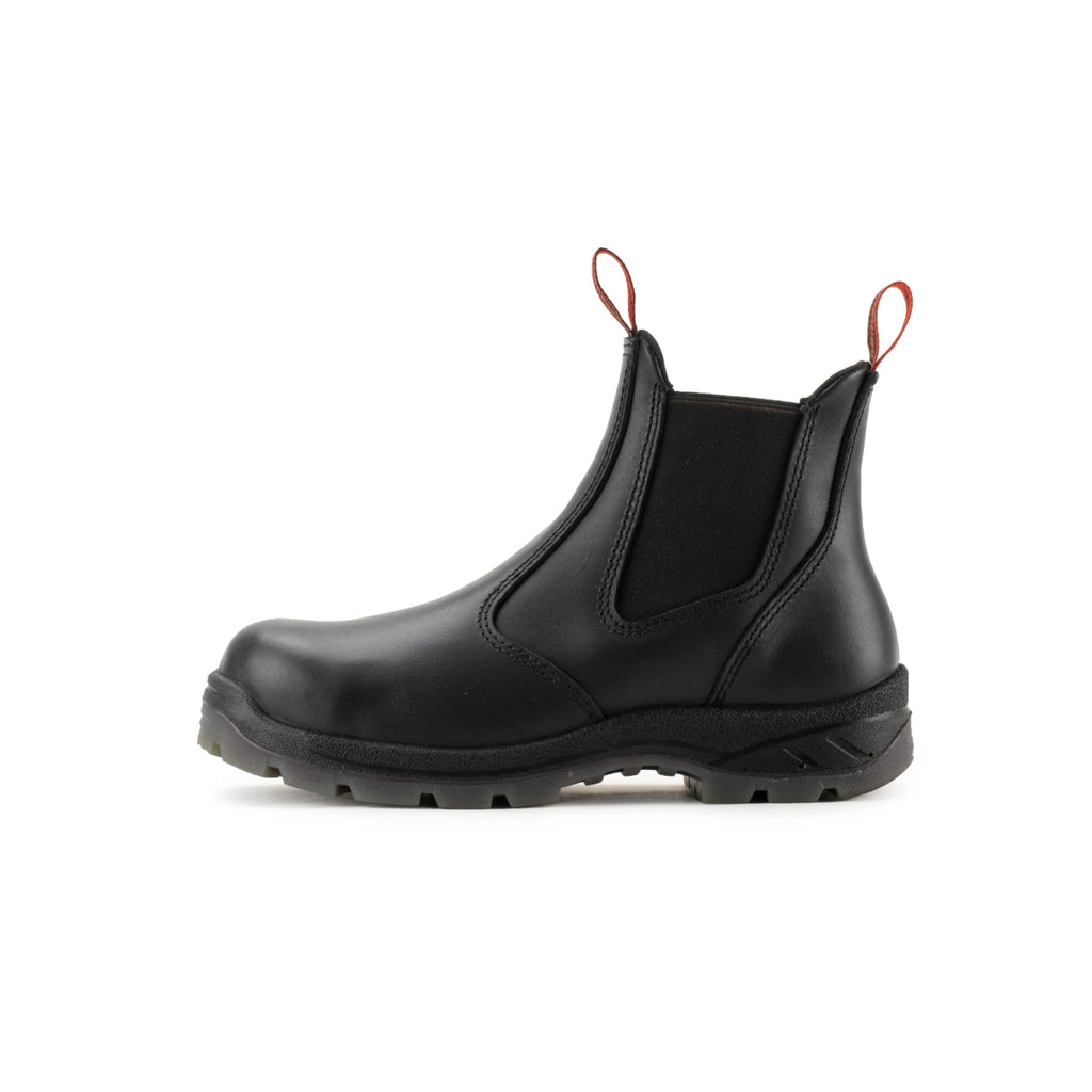 SUREWAY 600 men's black soft toe pull-on work boot, side view.