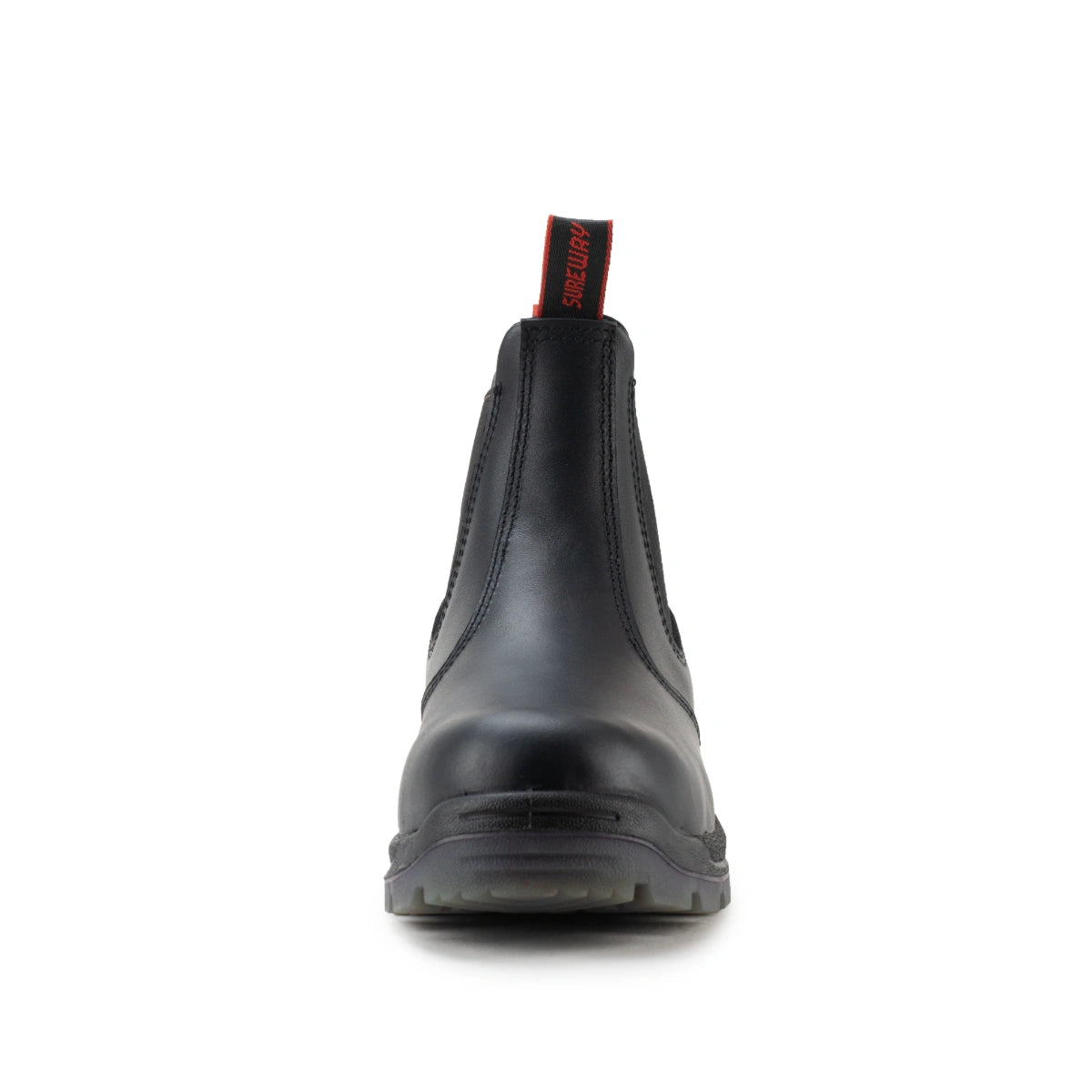 SUREWAY 600 men's black soft toe pull-on work boot, front view.