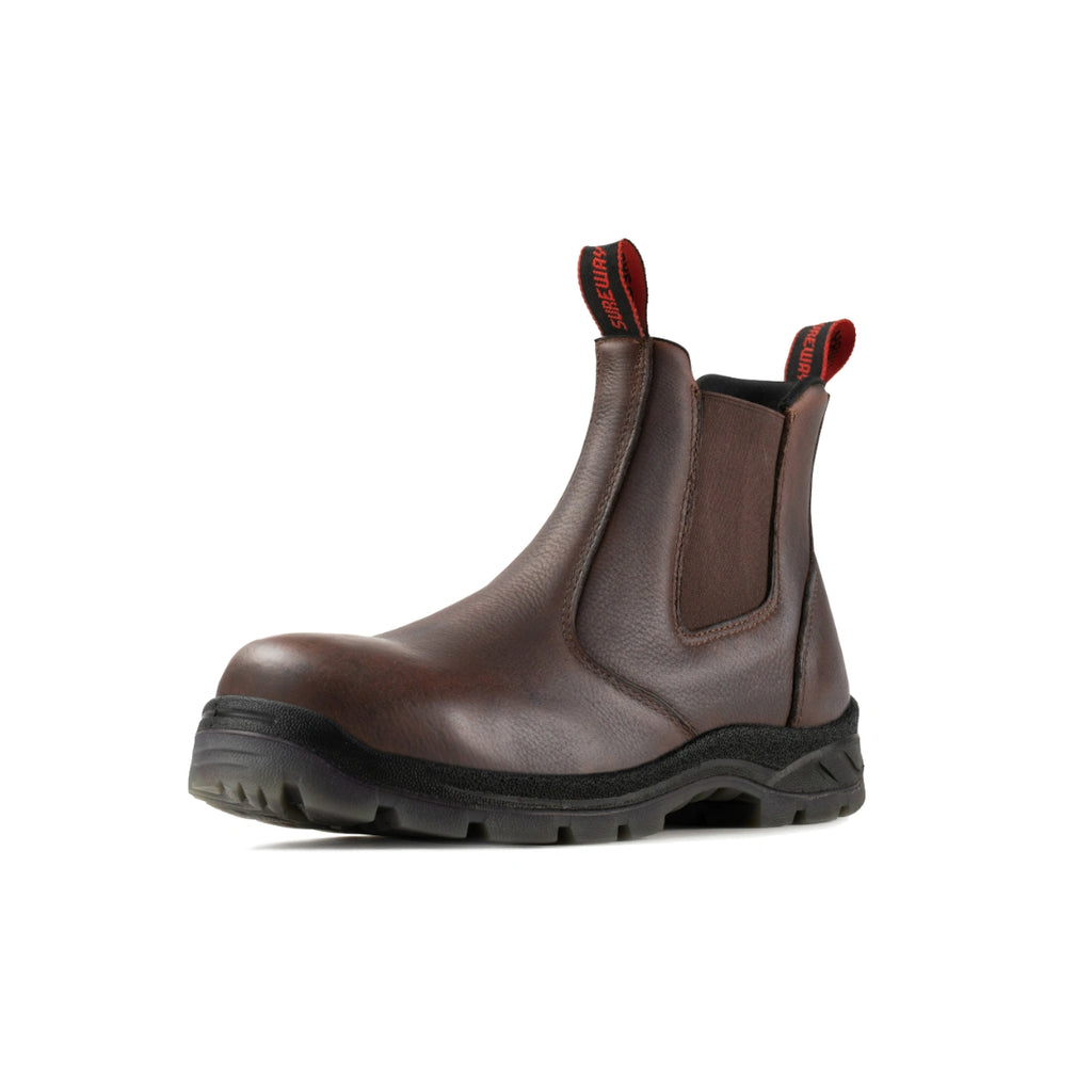 SUREWAY 600 men's dark brown soft toe pull-on work boot, three-quarter view.