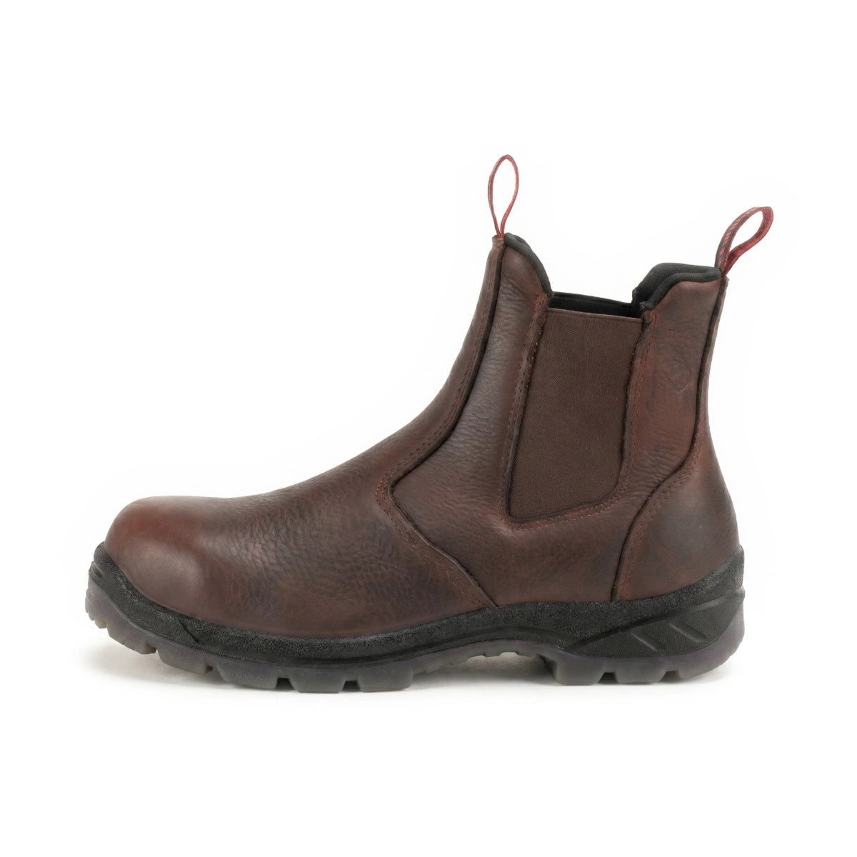 SUREWAY 600 men's dark brown soft toe pull-on work boot, side view.