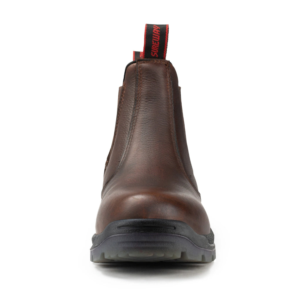 SUREWAY 600 men's dark brown soft toe pull-on work boot, front view.