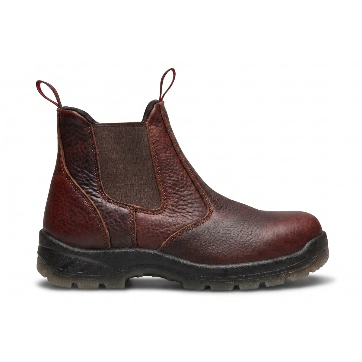 SUREWAY 600 men's dark brown soft toe pull-on work boot, opposite side view.