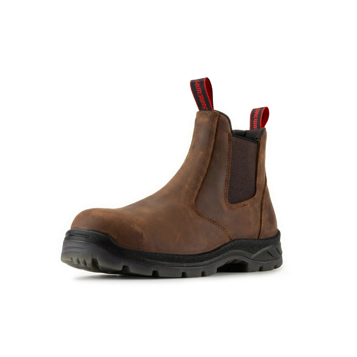 SUREWAY 600 men's brown soft toe pull-on work boot, three-quarter view.