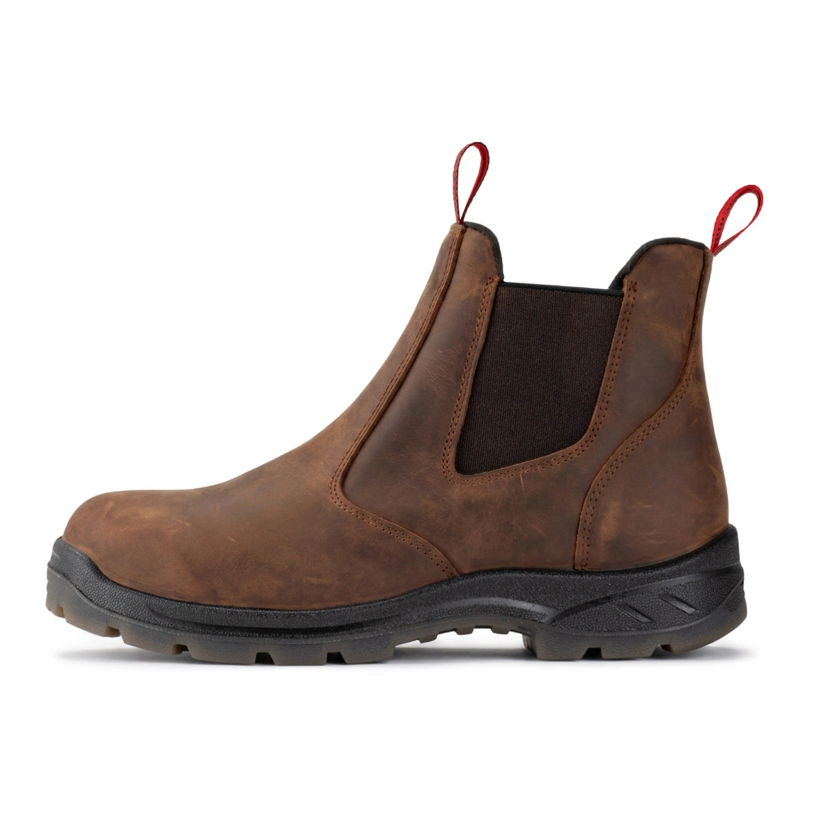 SUREWAY 600 men's brown soft toe pull-on work boot, side view.