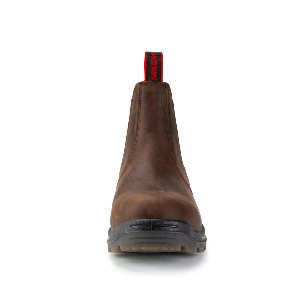 SUREWAY 600 men's brown soft toe pull-on work boot, front view.