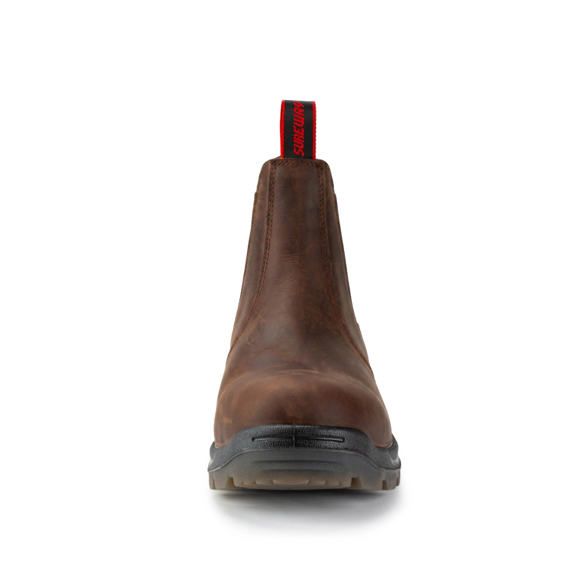 SUREWAY 600 men's brown soft toe pull-on work boot, front view.