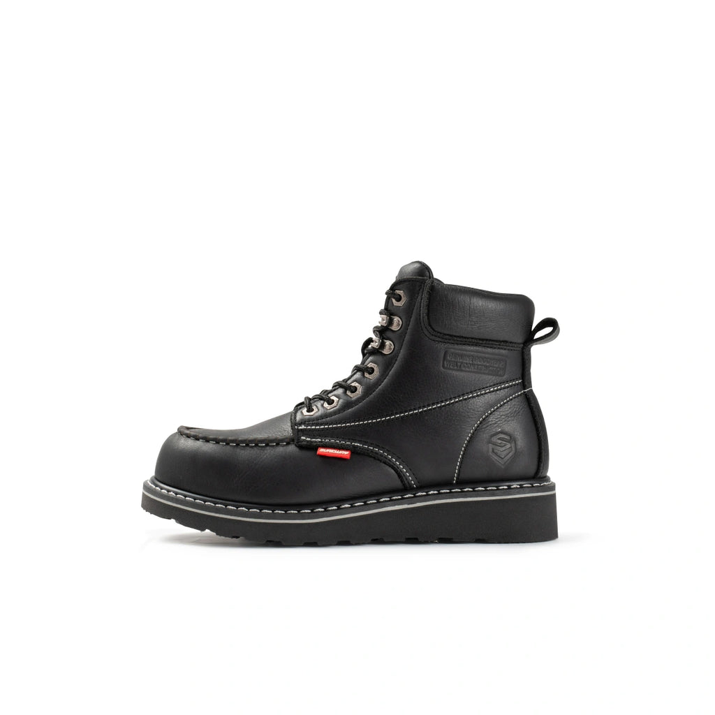 Side view of a black SUREWAY 601M lace-up moc toe work boot.
