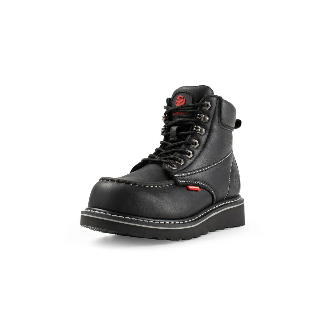Black SUREWAY 601M 6-inch moc toe work boot, three-quarter view.