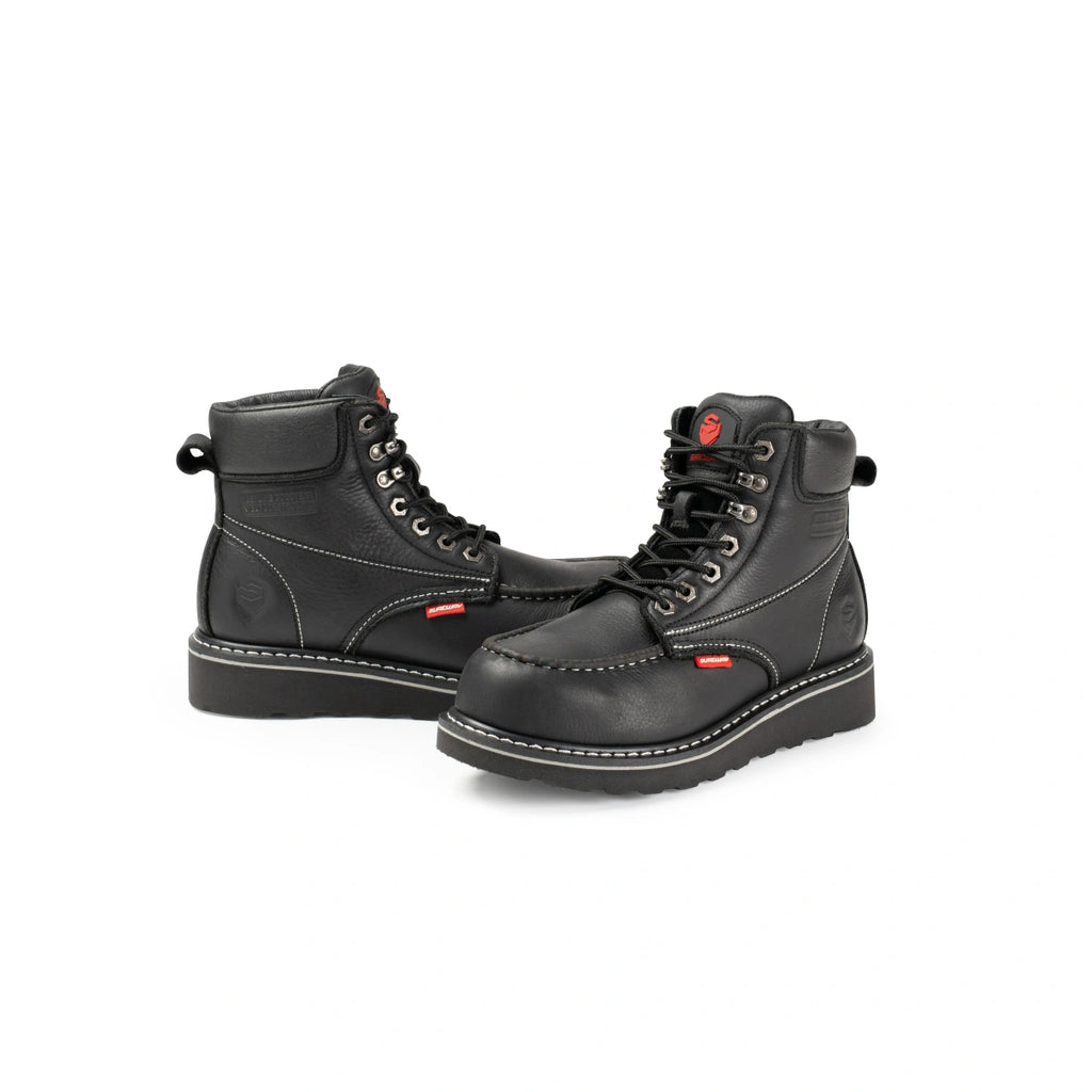 Pair of black SUREWAY 601M moc toe work boots.