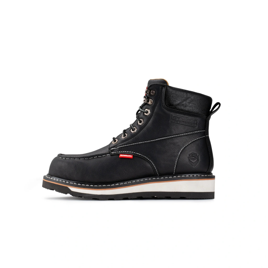 SUREWAY 601M black leather work boot with moc toe stitching, metal lace hooks, and a white lug sole with orange trim, shown in side view.