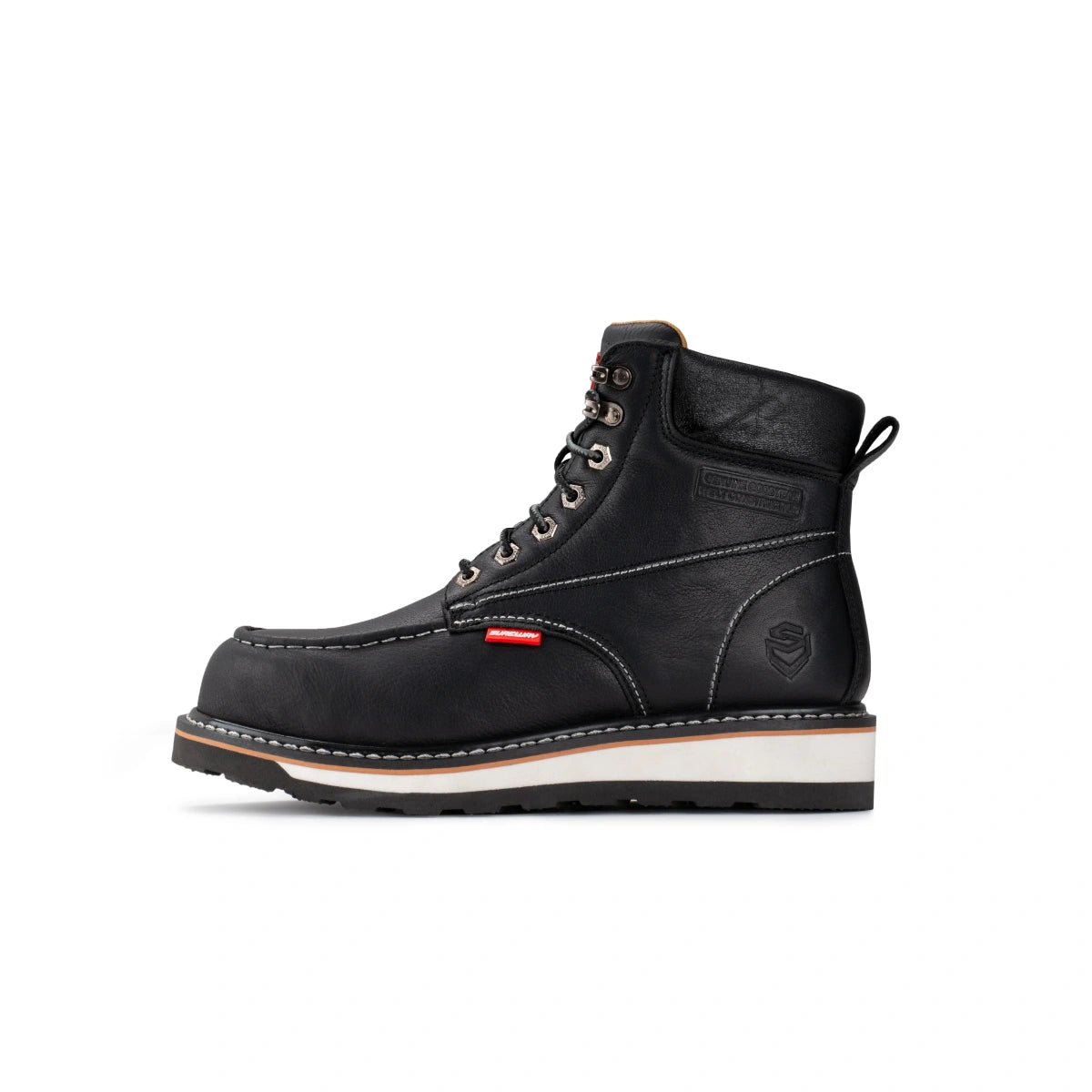 SUREWAY 601M black leather work boot with moc toe stitching, metal lace hooks, and a white lug sole with orange trim, shown in side view.