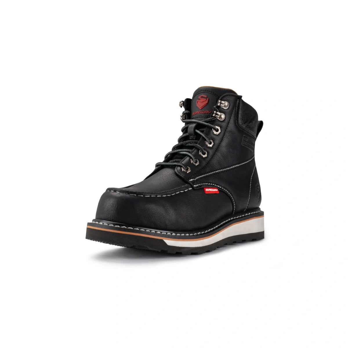 Black leather work boot with contrast stitching, metal eyelets, and a black-and-white lug sole on a white background.