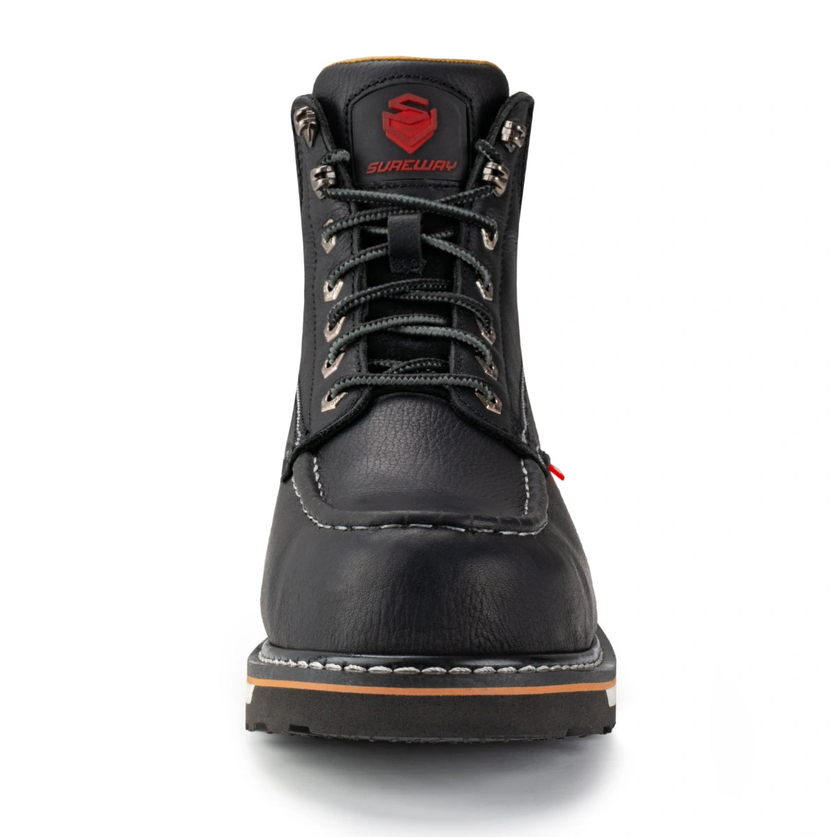 SUREWAY 601M black leather moc toe work boot shown from the front, with contrast stitching, metal lace hooks, and a black lug sole with orange trim.