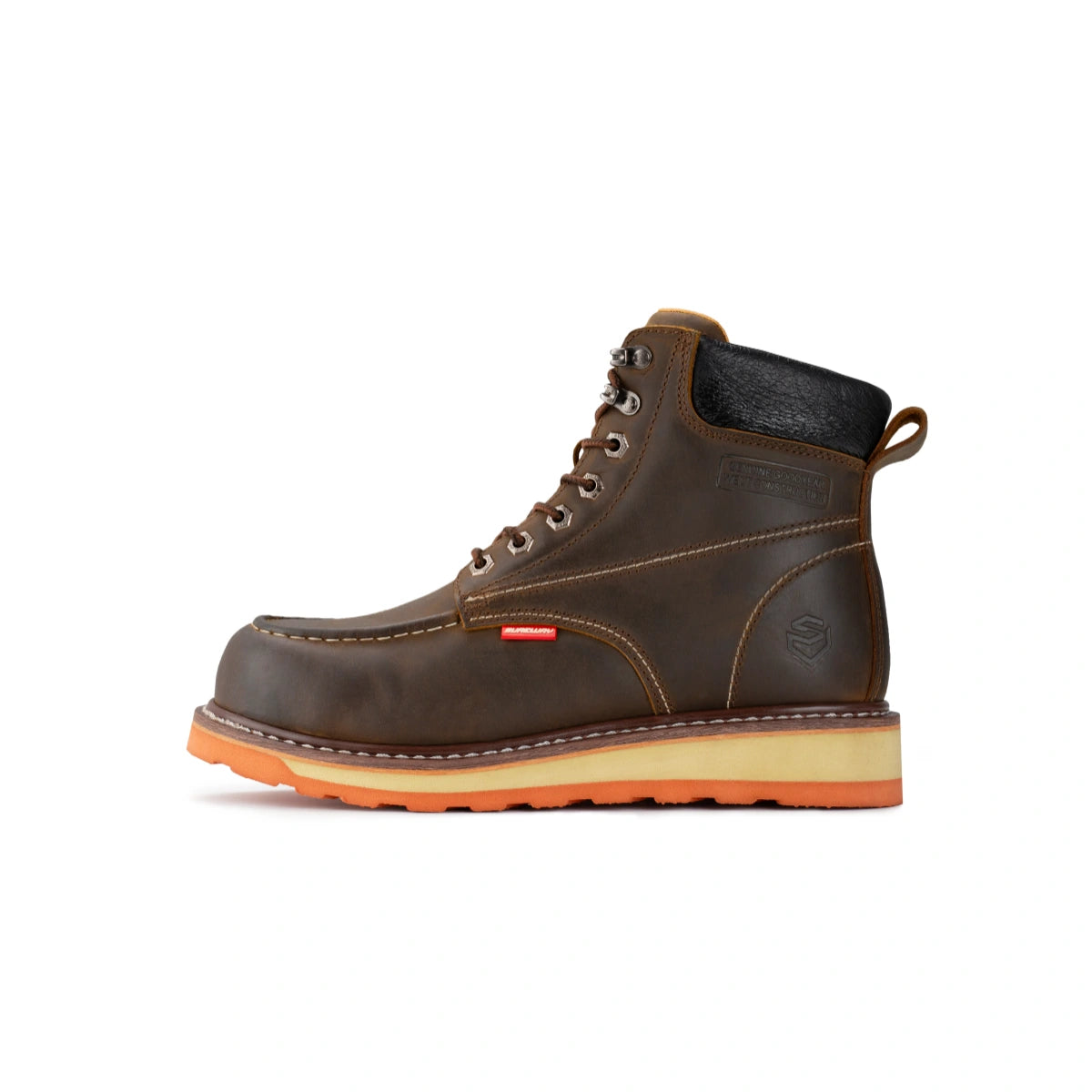 SUREWAY 601M brown leather moc toe work boot shown in side view, with contrast stitching, a black padded collar, and a cream-and-orange lug sole.