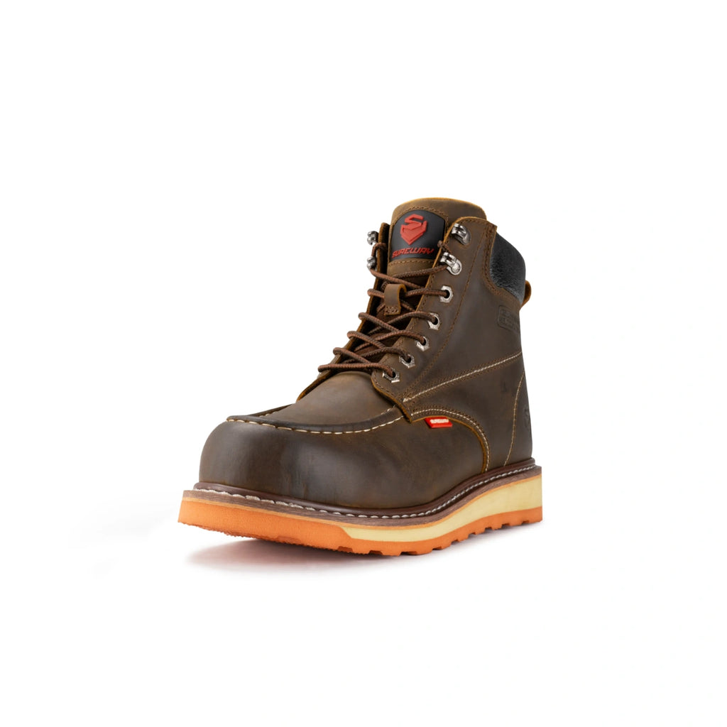 SUREWAY 601M brown leather work boot with contrast stitching, metal lace hooks, and a cream-and-orange lug sole on a white background.