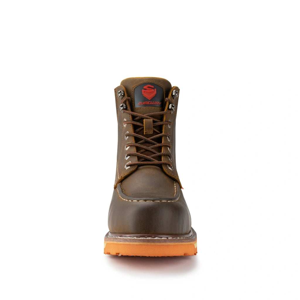 SUREWAY 601M brown leather moc toe work boot shown from the front, with contrast stitching, metal lace hooks, and an orange lug sole.