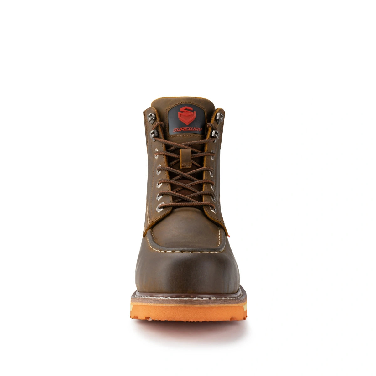 SUREWAY 601M brown leather moc toe work boot shown from the front, with contrast stitching, metal lace hooks, and an orange lug sole.