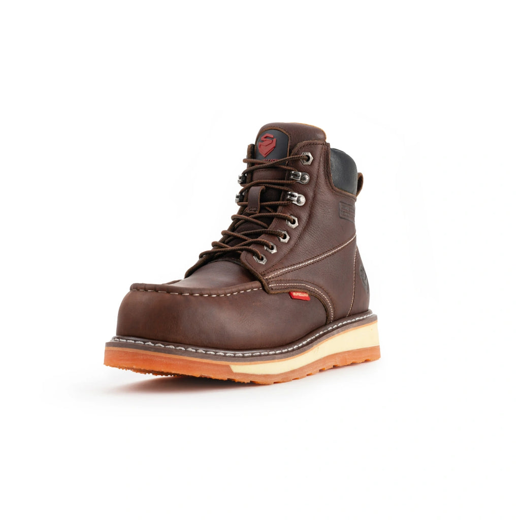 Side view of a brown SUREWAY 601M 6-inch moc toe work boot with a wedge sole.